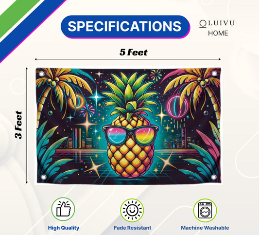 3x5 Feet Single Sided Flag with Four Brass Grommets - Neon Pineapple with Sunglasses - Tropical Night City Polyester Banner - Party Flag