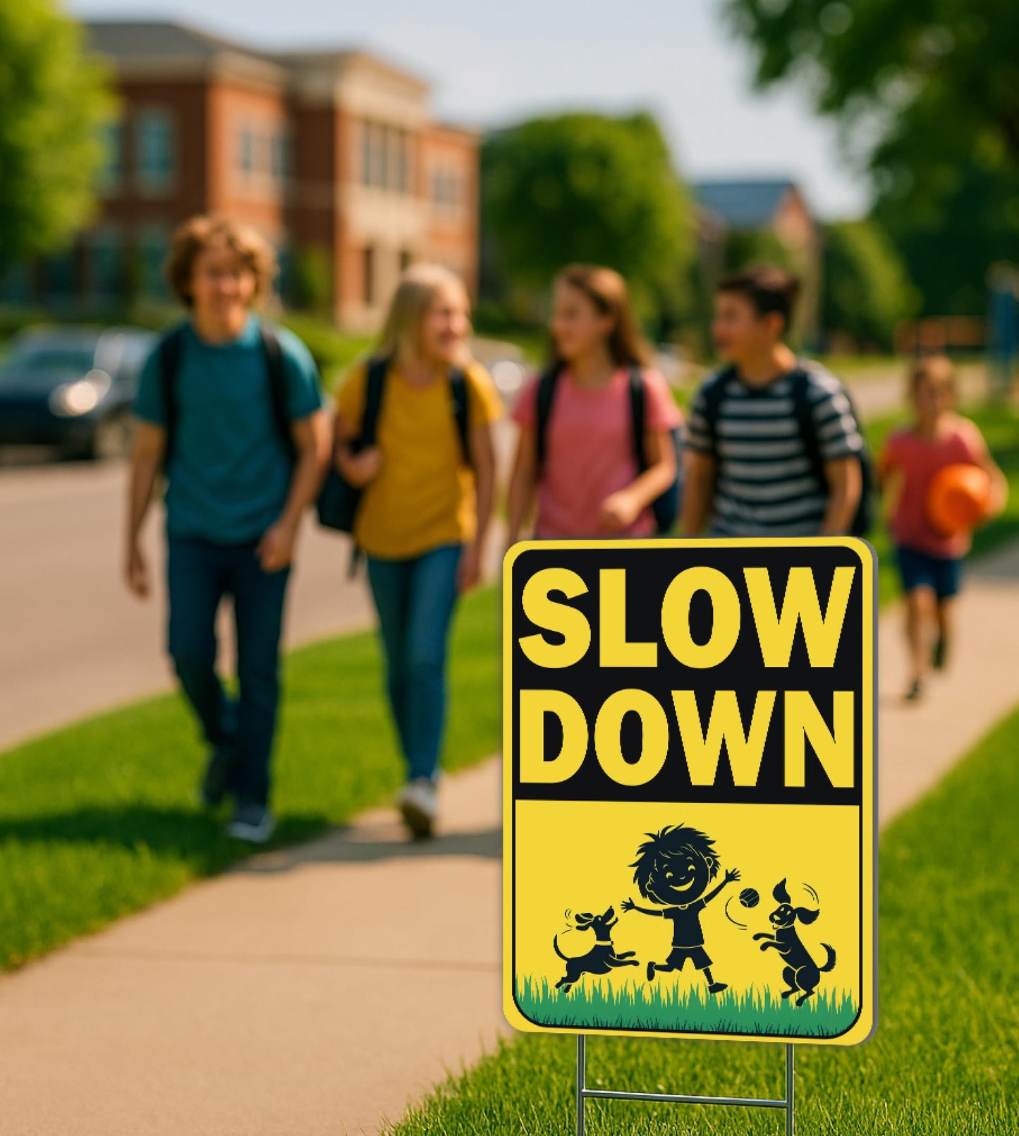 Set of 3 Double Sided 12x16 Inches "Slow Down" Sign with Metal H-Stakes - Caution Children at Play Plastic Signs for Avenue