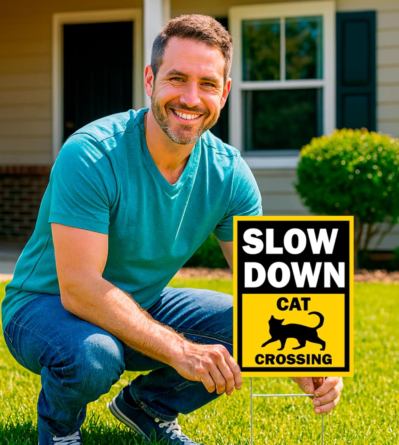 Set of 3 Double Sided 12x16 Inches Slow Down Cat Crossing Sign with Metal Wire H-Stakes