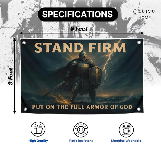 3x5 Feet Motivational Christian Flag Image Knight with Quote "Stand Firm – Put On the Full Armor of God" with 4 Brass Grommets - Single Sided Flag