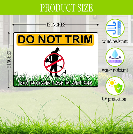 Set of 3 Do Not Trim Yard Sign with Metal Stake 12x8 Inches - Double Sided No Podar Las Plantas sign for Outdoor or Indoor