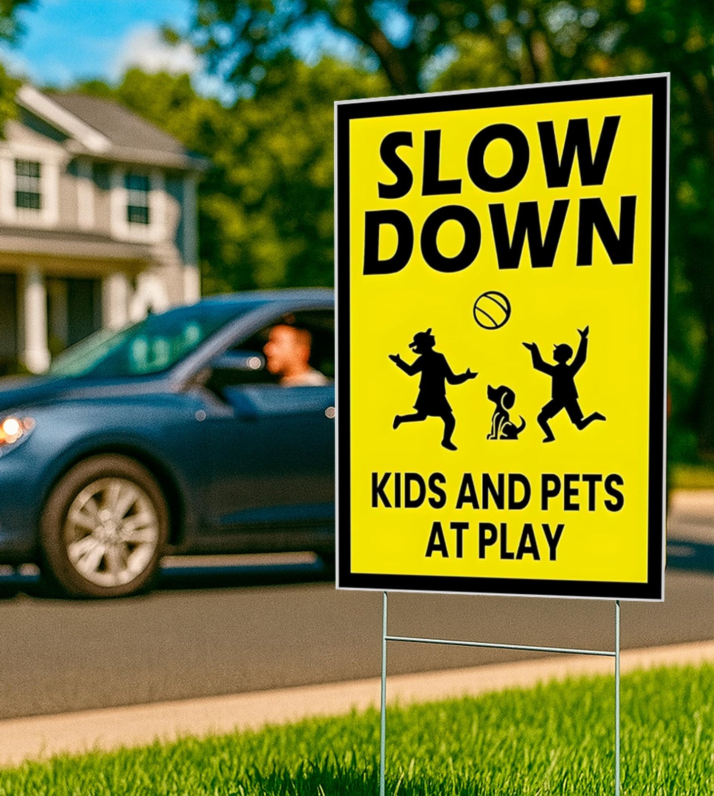 3 Pack Single Sided 8x12 Please Slow Down Kids and Pets at Play Yard Plastic Sign with Metal H-Stakes - Children At Play