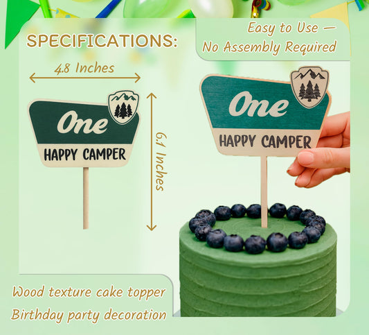 4.8x6.1 Inch Cake Topper For One Happy Camper - One Happy Camper Birthday Decorations. Camping Party Wooden Cake Toppers or Wedding Anniversary Rravel