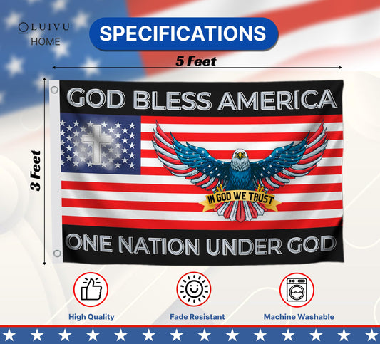 3x5 Feet One Nation Under Flag with 2 Grommets - Bless America Single Sided Flags With Eagles - Easter Flags for 4th of July