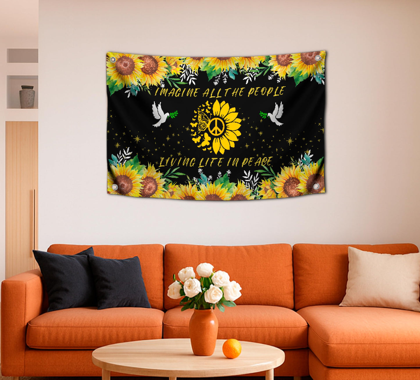 3x5 Feet Peace Polyester Flag with 4 Grommets - Imagine All The People Living Life In Peace Banners - Hippie Sunflower Single Sided Flags Garden House