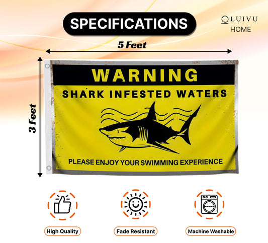 3x5 Ft Warning Shark Infested Waters Polyester Flags with 2 Grommets - Funny Banners Please Engoy Your Swimming Experience