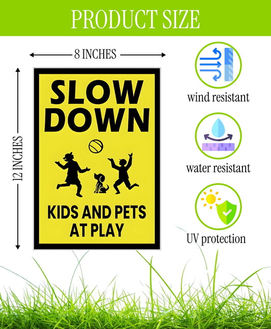 3 Pack Single Sided 8x12 Please Slow Down Kids and Pets at Play Yard Plastic Sign with Metal H-Stakes - Children At Play