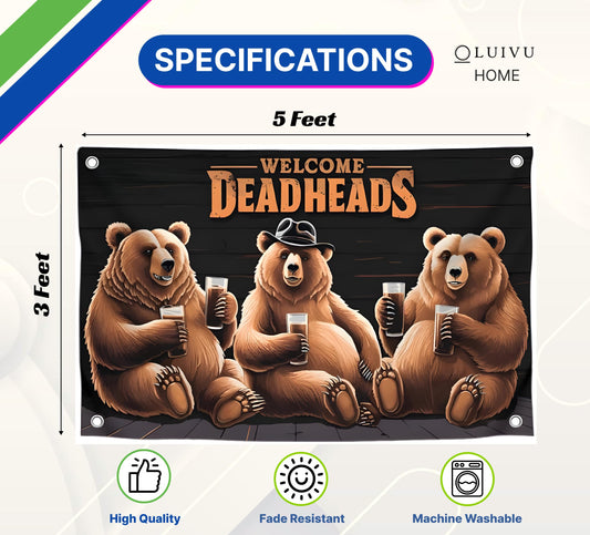 3x5 Feet Bears Polyester Flag Welcome Deadheads with Four Brass Grommets - Rock Music Banner for Garden Party - Banners with Three Bear for Wall
