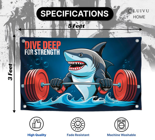 3x5 Feet Motivation Shark Quote Flag "Dive Deep For Strength" with Four Brass Grommets - Motivationl Wall Art Poster for Home or Office