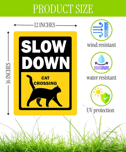 Set of 3 Double Sided 12x16 Inches Slow Down Cat Crossing Sign with Metal Wire H-Stakes