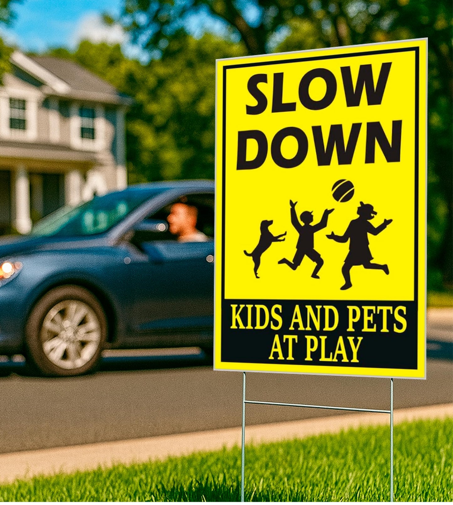 12x8 3X Double Sided Plastic Please Slow Down Signs With H-Stakes for Playing Kids in the Street - Drive Like Your Kids Live Here Yard Signs