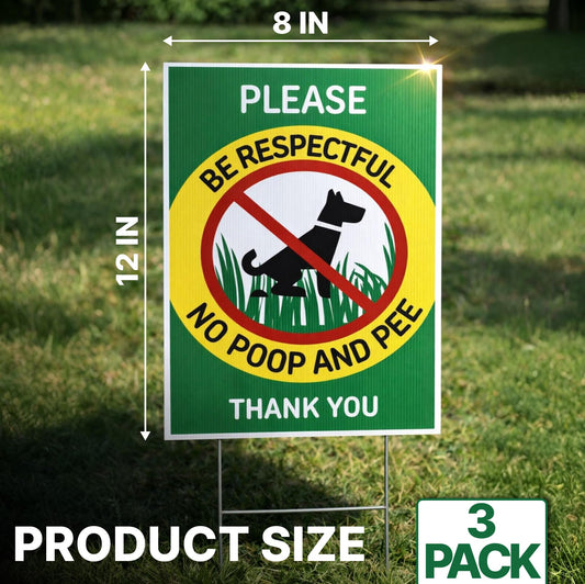 12x8 in Please Be Respectful, No Poop and Pee Dog Yard Signs, Set of 3 – Double-Sided with Metal Stakes