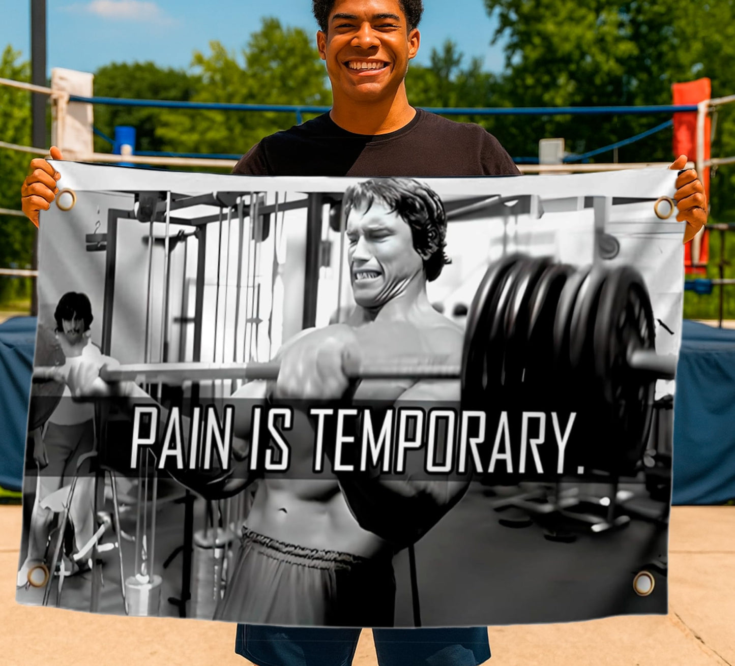 3x5 Ft Schwarzenegger Polyester Flag with 4 Grommets - Pain is Temporary Motivational Gym Single Sided Flags - Inspire Your Workout Banner