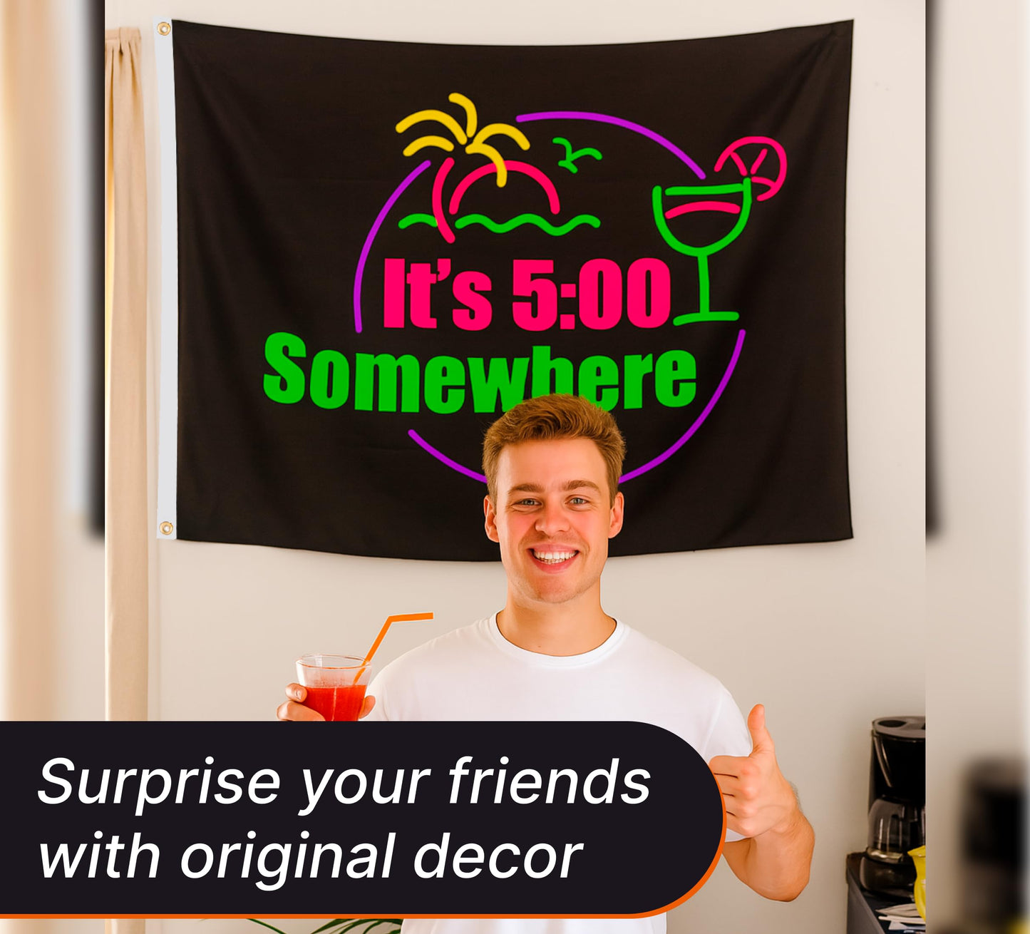 3x5 Ft It's 5 O'Clock Somewhere Polyester Flag with 2 Grommets - Pub Advertising Single Sided Banner - Tropical Summer Beach Drinking