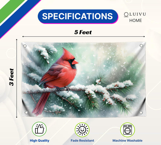 3x5 Feet Cardinal Bird Single Sided Flag with 4 Brass Grommets - Tree Branches Snowflake Winter Watercolor Animal Flag - Banners Farmhouse Polyester