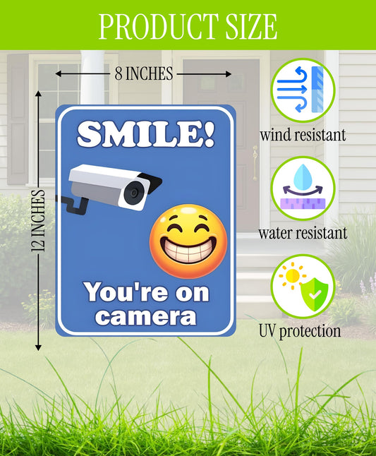 Set of 3 Double Sided 12x8 Inches Plastic Sign With H-Stakes "SMILE! You'reon Camera" - Tresspassing Video Surveillance Private Property Signs