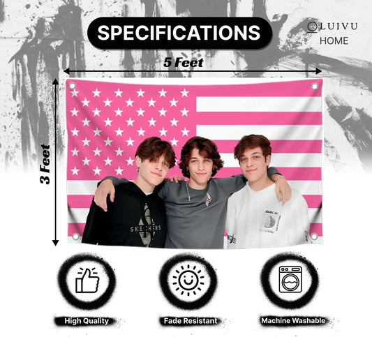 3x5 Feet Triplets American Single Sided Flag with 4 Brass Grommets - Funny Tapestry Pink Banners for Gifts - Bedroom College Dorm Concert Bar Musical