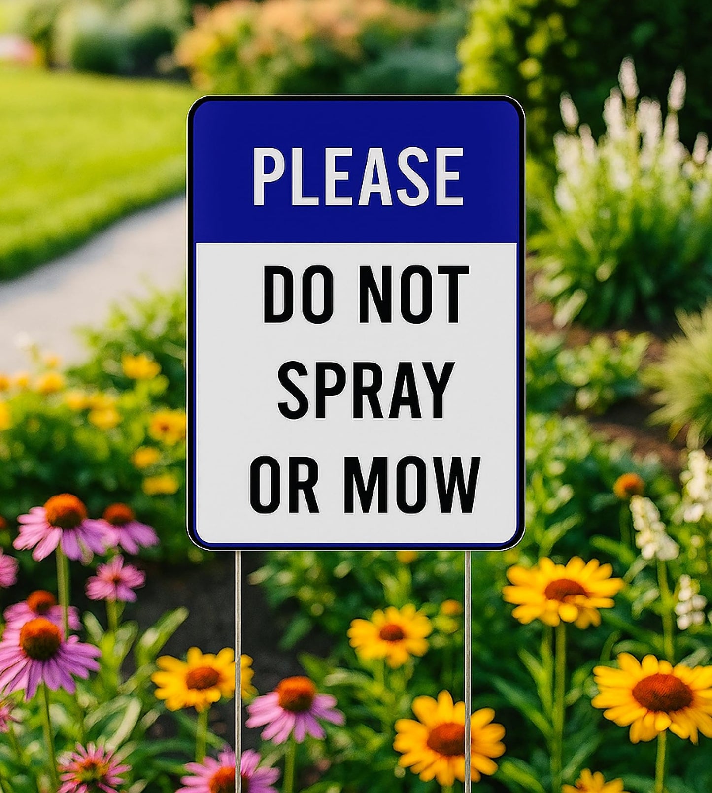 Set of 3 Double Sided Please Do Not Spray or Mow Sign with Metal Stakes - 12x8 Inches Plastics Garden Mow Signs for Outdoor and Indoor