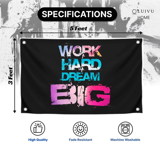 3x5 Feet Black Motivation Quoted Polyester Flag "Work Hard Dream Big" with Four Brass Grommets - Large Motivational Quote Wall Flag for Home Gym Decor