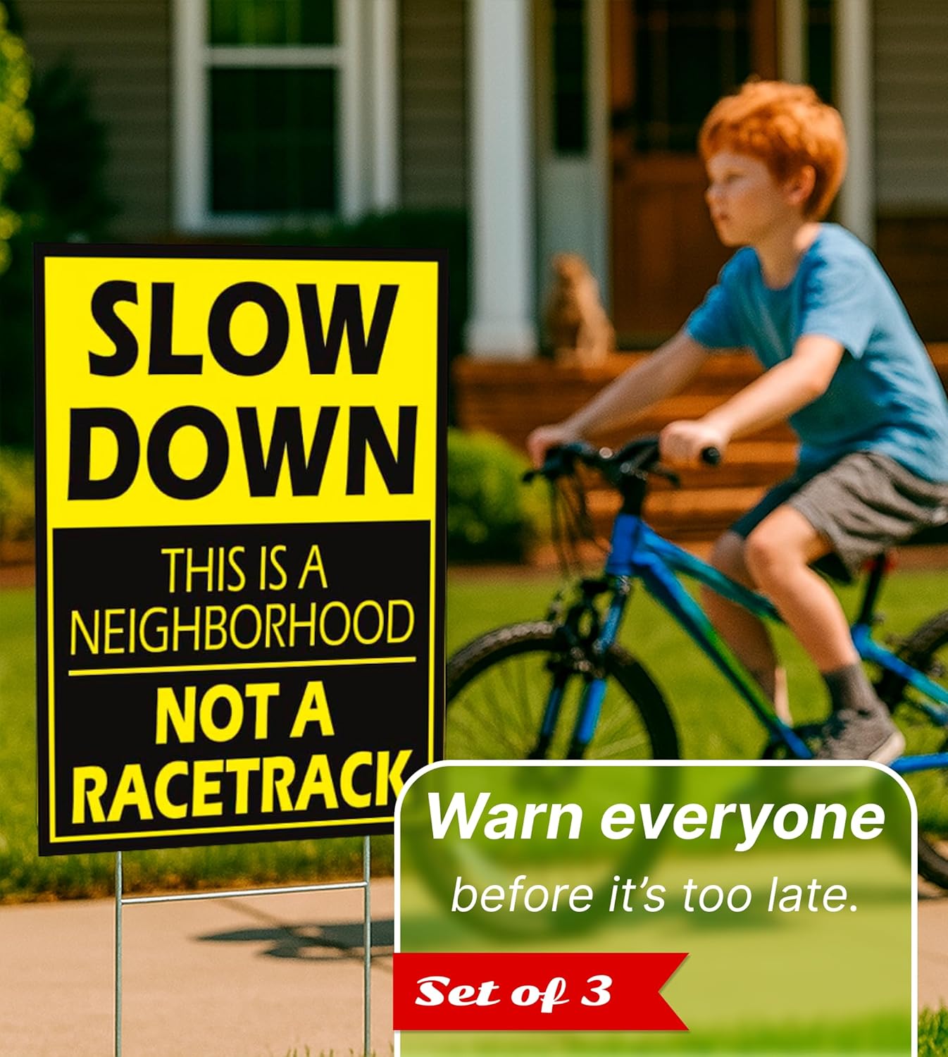 3 Pack 12x16 Please Slow Down Sign with Metal H-Stake - Children at Play Safety Signs for Street