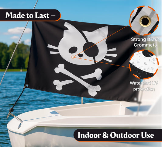 3x5 Feet Pirate Cat Skull and Crossbone Home Polyester Flags with 4 Brass Grommets - Decorative Home Fall Single Sided Flags for Infoor or Outdoor