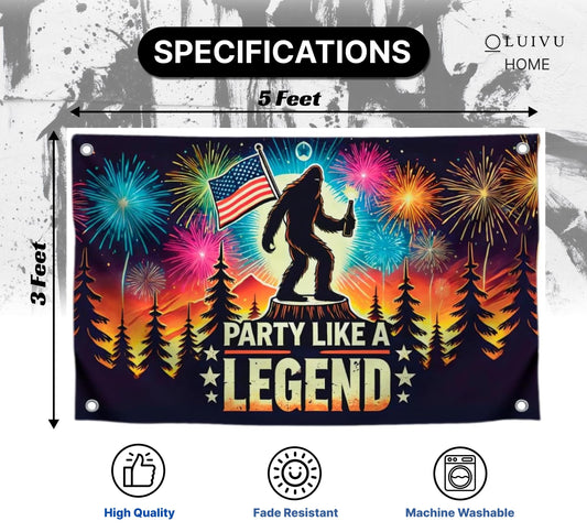 3x5 Feet Festival Bigfoot Polyester Flag "Party Like A Legend" with 4 Brass Grommets - American Holiday Yard Banner Decoration for Yard