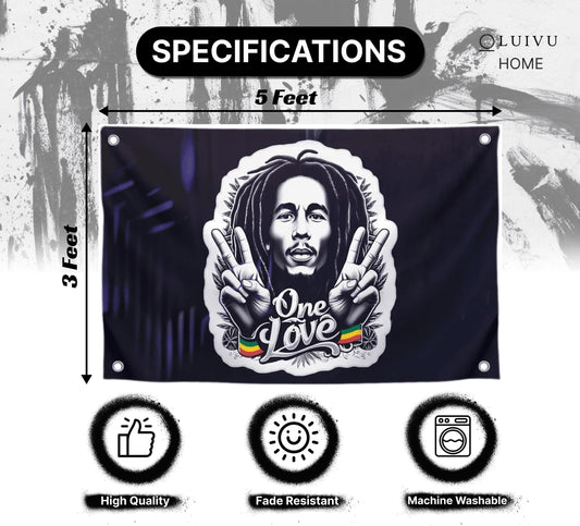 3x5 Feet Marley Wall Hanging Tapestry Flag with One Love with Four Brass Grommets - Aesthetic Rasta Stoners Tapastry - Hippie Decorations Posters