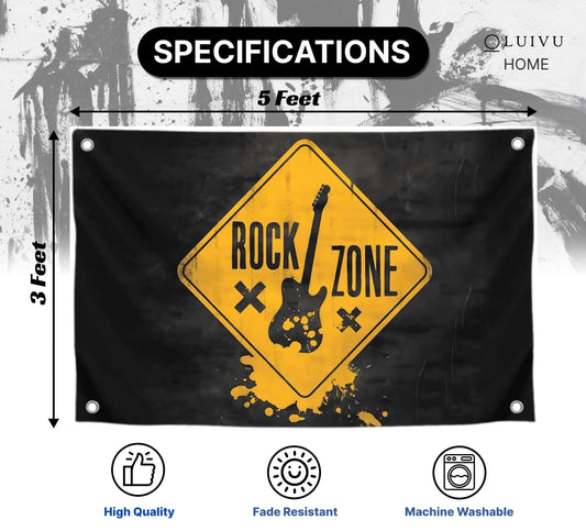 3x5 Feet Black Polyester Flag Rock Zone with Four Brass Grommets - Guitar Suitable for Indoor and Outdoor Decorate - American Music Banner for Garden