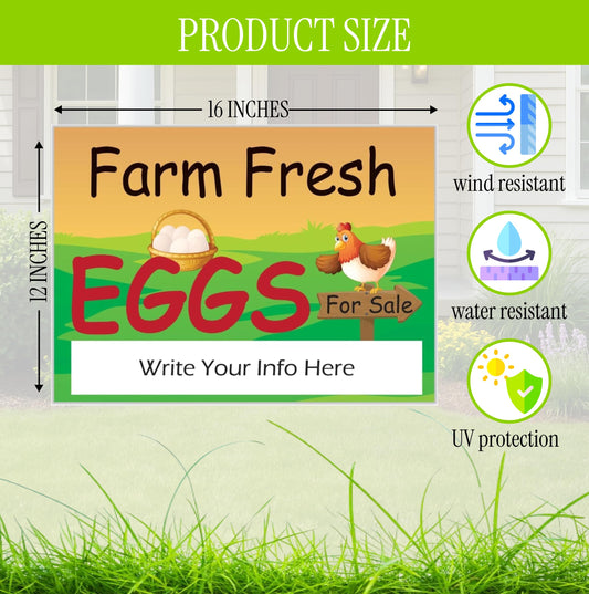 12x16 Inch 3X Double Sided Sign Plastic Fresh Eggs for Sale Sign - Fresh Chicken Eggs For Sale Sign With H-Stakes for Outside