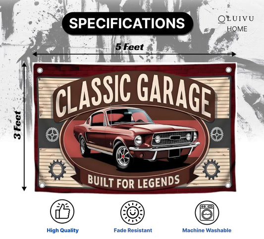 3x5 Feet Funny Flag with Cool Car and Quote "Classic Garage Built for Legends” with Four Brass Grommets - Polyester Decorative Wall Flags for Guest