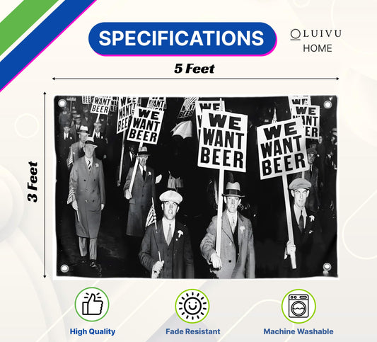 3x5 Feet Funny Polyester Flag "We Want Beer" with 4 Grommets - Vintage Wall Single Sided Banner Decoration for Home or Bar - Unique Funny Gift for Men