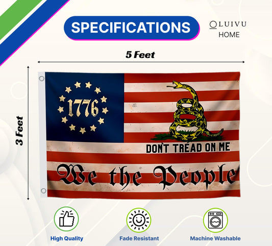 3x5 Feet Liberty Don't Tread on Me American Flag with Two Brass Grommets - Polyester 1776 We The People Single Sided Flags for Garden Outside