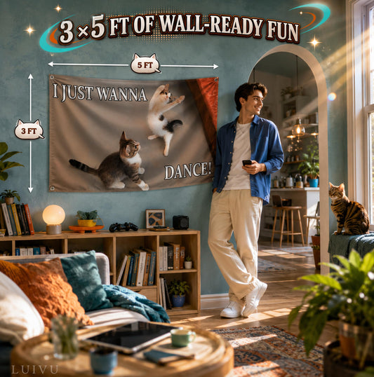 3x5 ft "I Just Wanna Dance" Cat Meme Flag – Funny Animal Wall Banner
