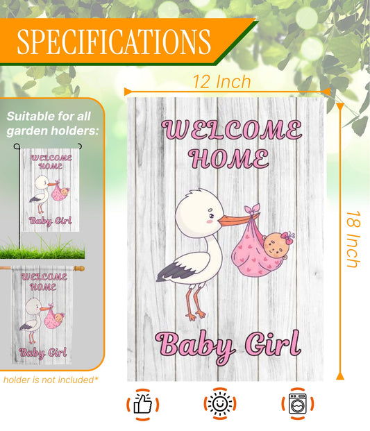12x18 Inches Double Sided Welcome Home Baby Girl Garden Polyester Flags - Baby Shower Birth Announcement Family Party - Newborn Gender Reveal Pink