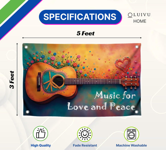 3x5 Ft Guitar Single Sided Flag "Music for Love and Peace" with 4 Brass Grommets - Musical Polyester Banner with Flower and Heart for Wall Decoration