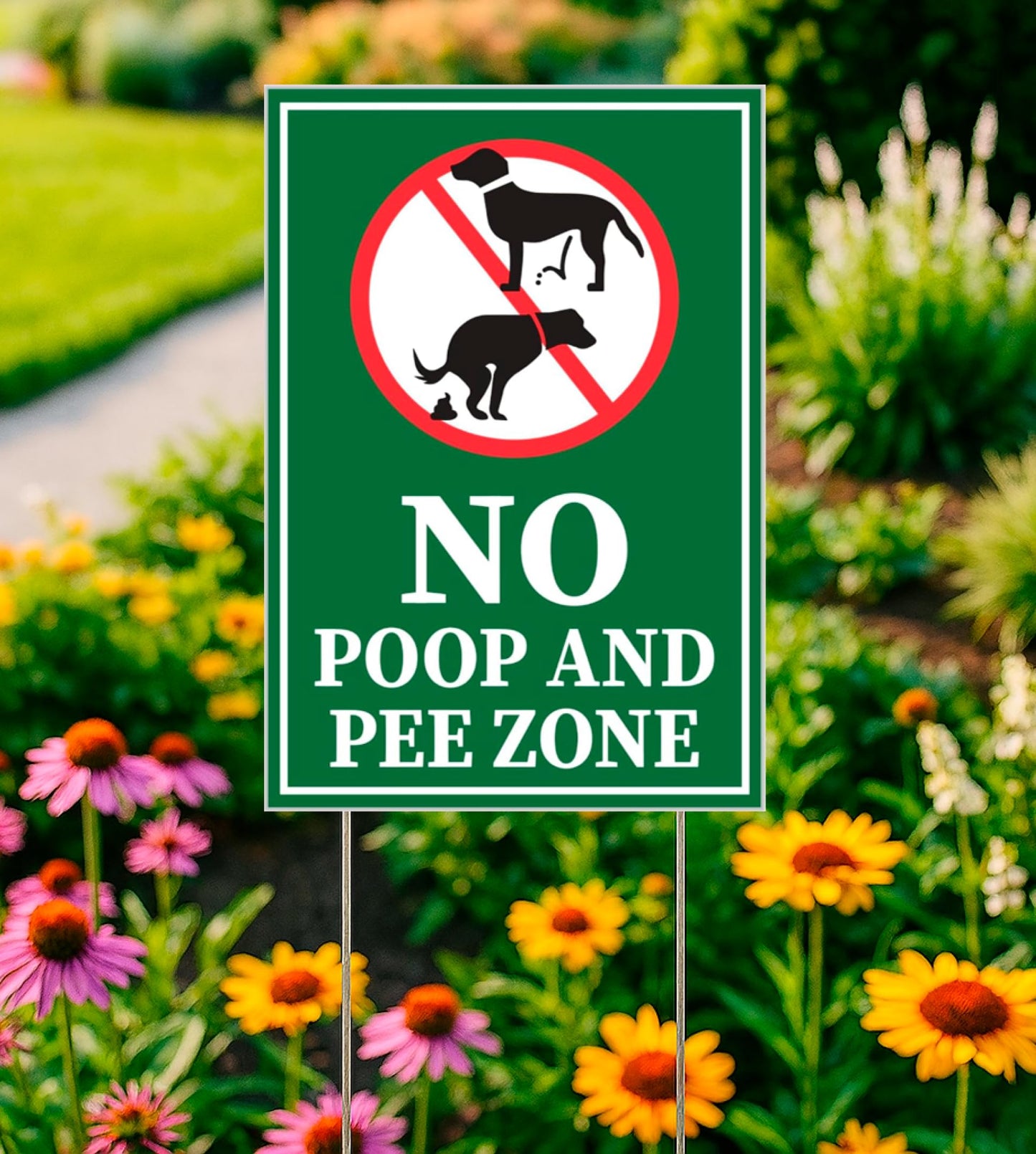 Set of 3 Double Sided 12x8 Inches Plastic Sign "No Poop and Pee Zone" with Metal H-Stakes