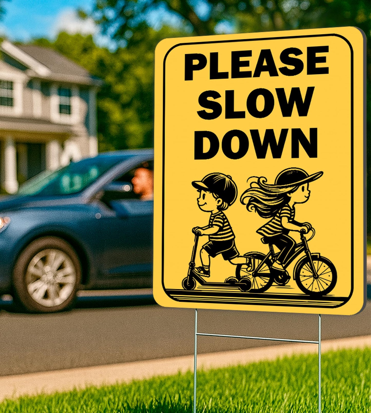 Set of 3 Double Sided 12x16 Inches "Please Slow Down" Sign with Metal H-Stakes - Сhildren at Play Safety Signage for Street