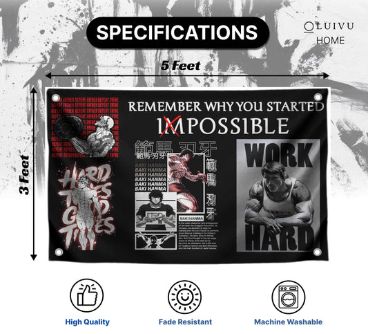 3x5 Feet Motivational Gym Polyester Flag "Remember Why You Started" with Four Brass Grommets - Schwarzenegger Banner for Gym.Work Hard Wall Decoration