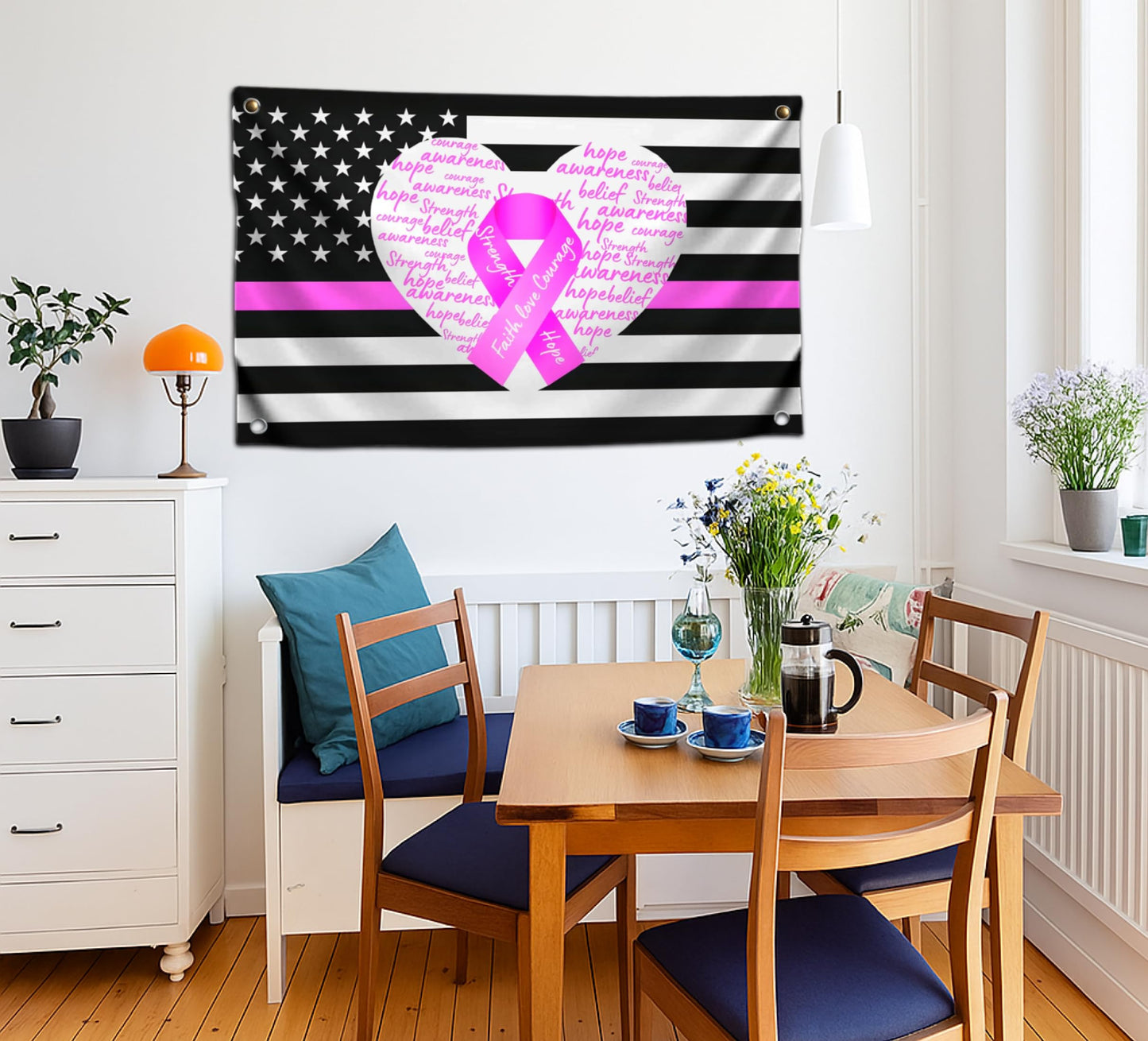 3x5 Fееt Breast Cancer Awareness Ribbon Polyester Flag with 4 Brass Grommets - Outdoor Hope Faith Courage Strength Decor Single Sided Banner
