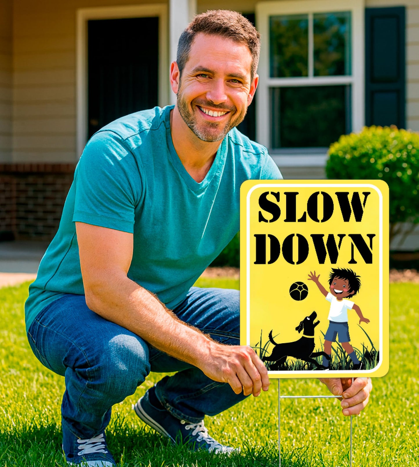 Set of 3 Double Sided 12x16 Inches "SLOW DOWN" Sign with Metal H-Stakes - Children at Play Safety Signs for Street