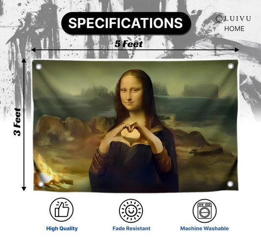 3x5 Feet Funny Mona Lisa Polyester Flag with Four Brass Grommets - Meme Flags with Demonstration of the heart for Outdoor and Indoor
