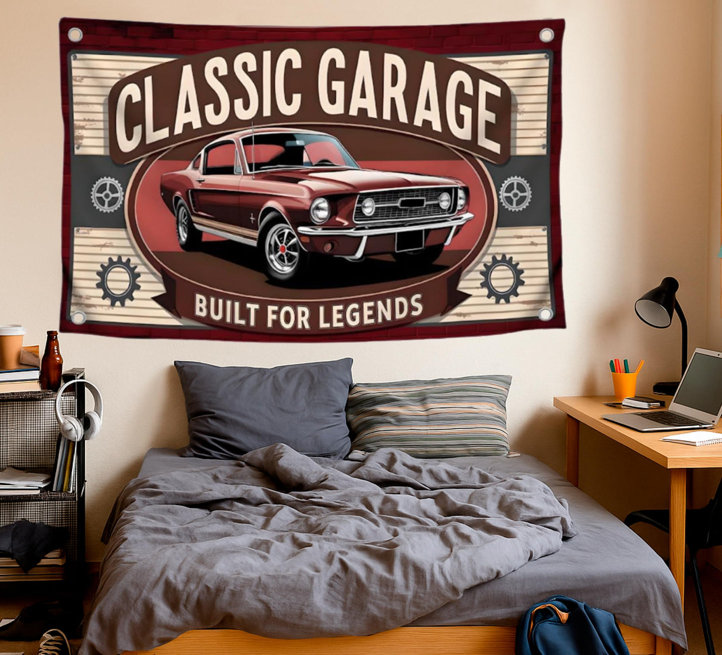 3x5 Feet Funny Flag with Cool Car and Quote "Classic Garage Built for Legends” with Four Brass Grommets - Polyester Decorative Wall Flags for Guest