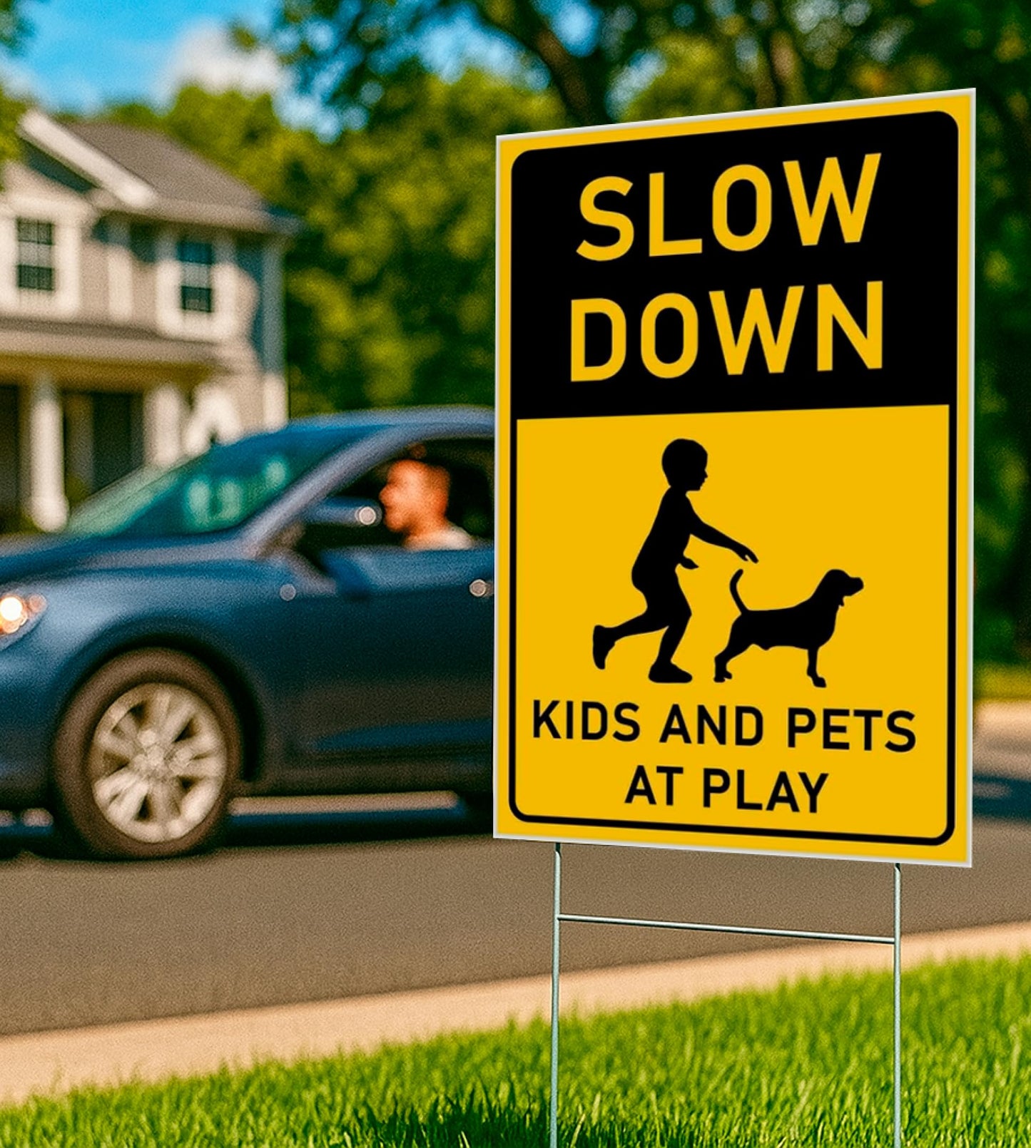 8x12 inch 3X Slow Down Kids and Pets at Play Yard Plastic Signs with Metal Wire H-Stakes - Street Slow Children at Play Double Sided Sign