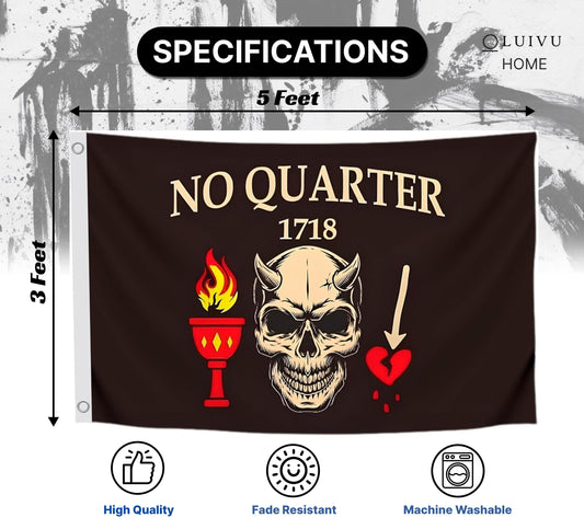 3x5 Ft Pirate No Quarter No Mercy Polyester Flag - Resistant for Outdoor House Room - Single Sided Pirate Skull Stick Flag with 2 Grommets