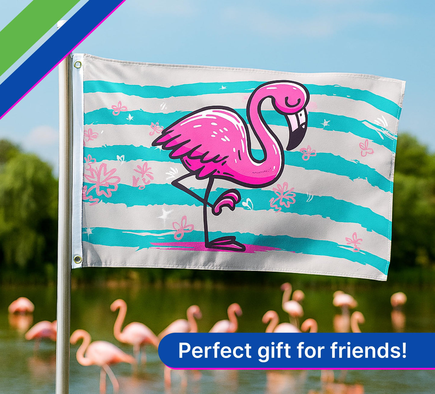3x5 Feet Pink Flamingo Flag with 2 Brass Grommets - Single Sided Banner Tropical Bird Flower Stripe Flags - Big Flag Outdoor Indoor