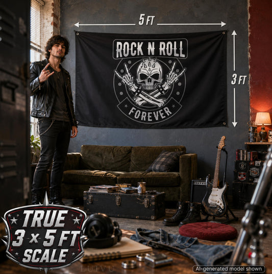 3x5 ft Rock N Roll Forever Skull Flag – Music Man Cave Banner