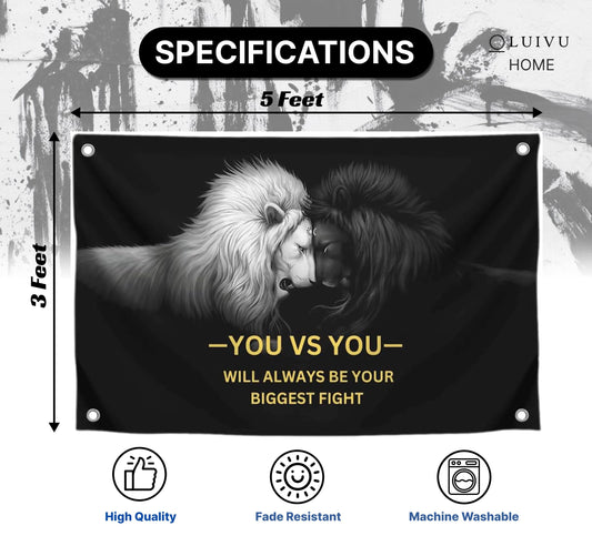 3x5 Feet Lion Motivation Quote Polyester Flag You vs You - Will Always Be Your Biggest Fight with Four Brass Grommets - Grand Battle Is Ending Decor