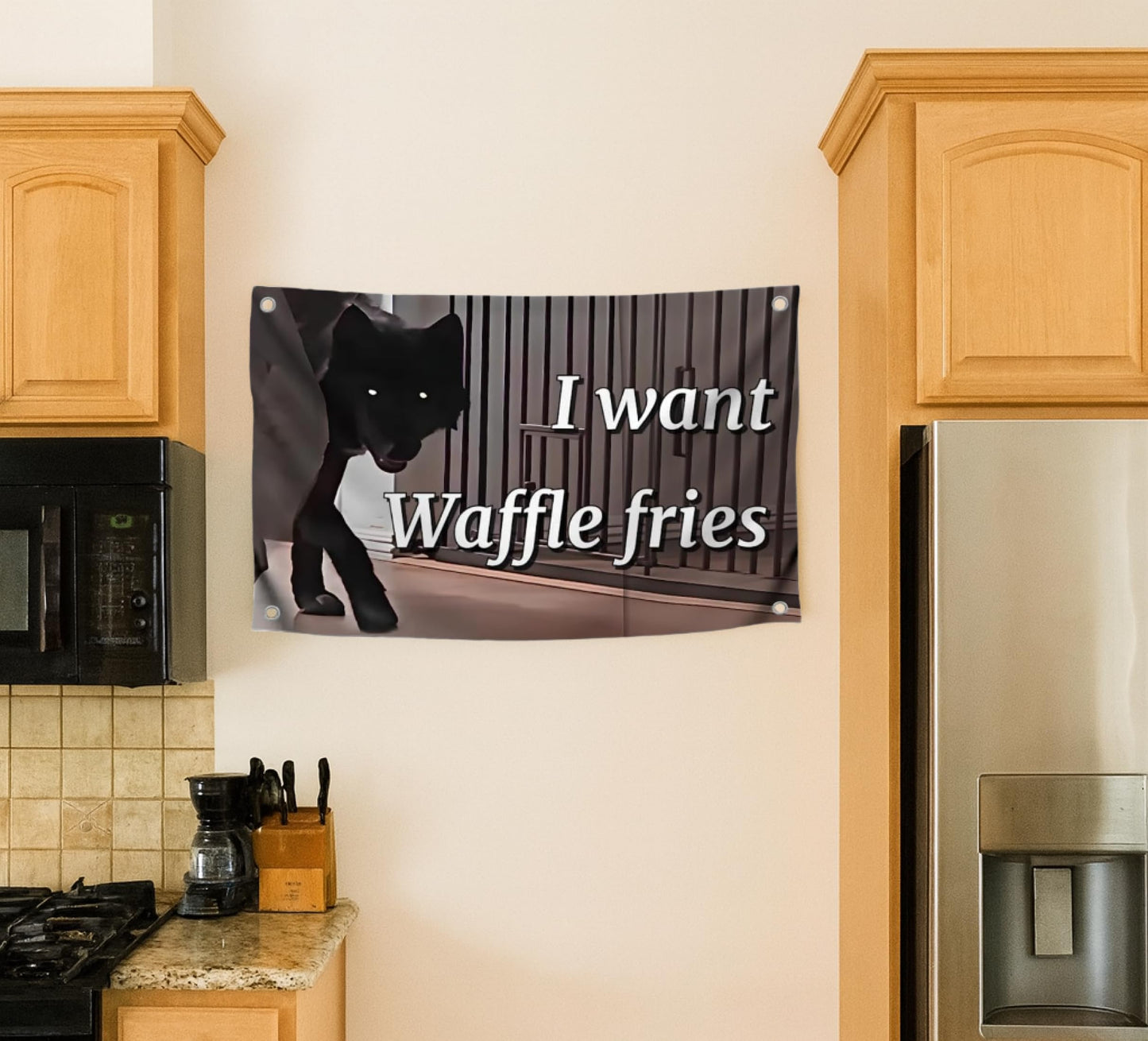 3x5 Feet Wolf Meme Flag with Quote "I Want Waffle Fries" with Four Brass Grommets - Single Sided Polyester Black Wolf Banner for Wall Room Decoration