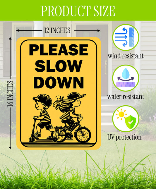 Set of 3 Double Sided 12x16 Inches "Please Slow Down" Sign with Metal H-Stakes - Сhildren at Play Safety Signage for Street