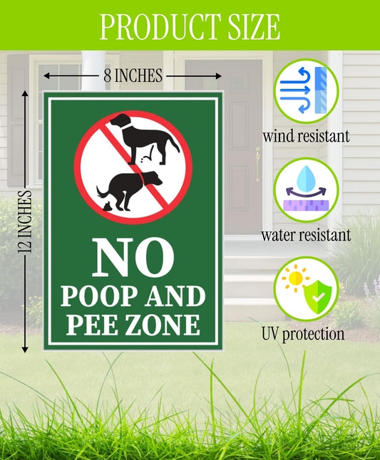 Set of 3 Double Sided 12x8 Inches Plastic Sign "No Poop and Pee Zone" with Metal H-Stakes